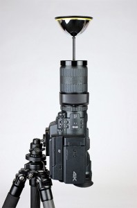 The JVC GY-MHQ10 4K camcorder with the GoPano device attached to the lens.